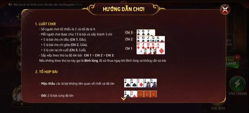 Luật chơi game bài nổ hũ Mậu Binh Nohu90